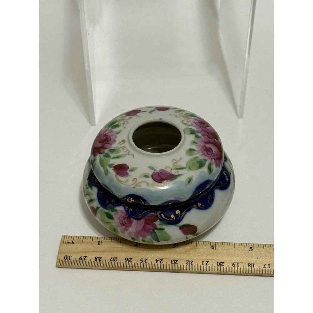 Antique Hand Painted Porcelain Hair Receiver - Cobalt Blue, Pink Gold Glit